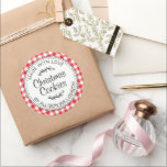 Modern Rustic Homemade Christmas Cookies Red Check Classic Round Sticker<br><div class="desc">Rustic, modern and simple homemade baked goods apple pie sticker with the text made with love, Christmas cookies and your name in elegant handwritten script calligraphy and typography on a red check pattern background with a stylish touch of foliage. Simply add your name and the product name to the label....</div>