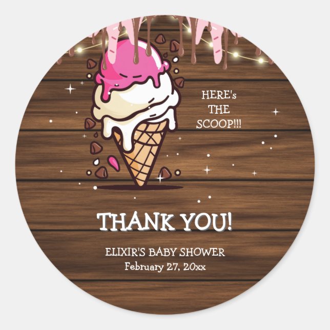 Modern Rustic Ice Cream Scoop Drawing Baby Shower Classic Round Sticker (Front)