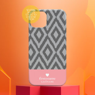 Modern Rustic Ikat Gray Coral Heart Monogram iPhone 16 Case