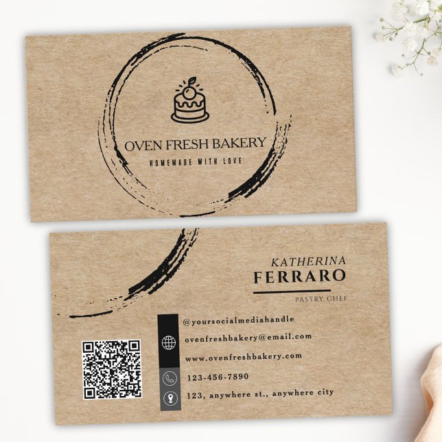 Modern Rustic Kraft Brown Cake QR Code Bakery  Business Card (Creator Uploaded)
