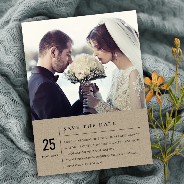 MODERN RUSTIC KRAFT TYPOGRAPHY PHOTO SAVE THE DATE ANNOUNCEMENT POSTCARD (Creator Uploaded)