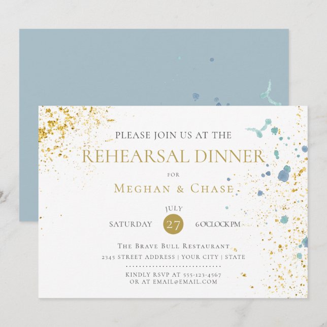 Modern Rustic Light Blue Paint Splatters Invitation (Front/Back)
