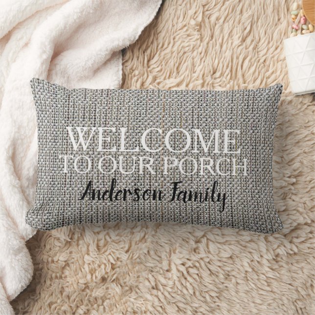 Modern rustic linen Welcome to Porch family name Lumbar Pillow (Blanket)