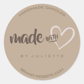 Modern Rustic Made with Love Heart Natural Brown Classic Round Sticker