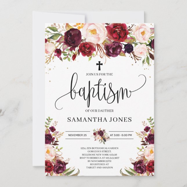 Modern rustic marsala burgundy boho baptism invitation (Front)