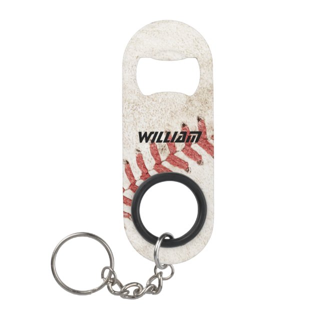 Modern rustic monogram baseball background keychain bottle opener (Front)