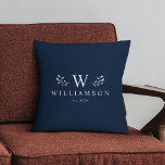 Modern Rustic Monogram Custom Family Name Blue Throw Pillow<br><div class="desc">Modern rustic monogram custom name newlywed throw pillow with your family name and initial as well we year established surrounded by whimsical branch illustrations. Minimalist,  simple,  and stylish,  this rich dark navy blue family pillow is a perfect cozy wedding gift!</div>