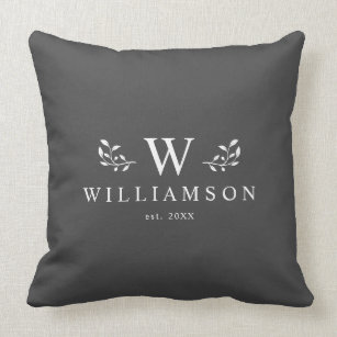 Modern Rustic Monogram Custom Family Name Charcoal Throw Pillow