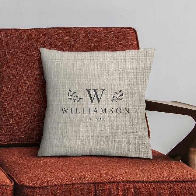 Modern Rustic Monogram Custom Family Name Linen Throw Pillow (Cuddle up in style! Our modern rustic monogram pillow, custom family charm on printed linen.)