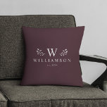 Modern Rustic Monogram Custom Family Name Maroon Throw Pillow<br><div class="desc">Modern maroon monogrammed custom name throw pillow with your family name and initial as well we year established surrounded by whimsical branch illustrations. Minimalist,  simple,  and stylish,  this rich dark maroon red family pillow is a perfect cozy wedding or newlywed gift for Valentine's Day!</div>