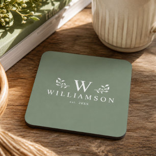 Modern Rustic Monogram Custom Family Name Sage Coaster