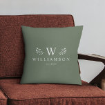 Modern Rustic Monogram Custom Family Name Sage Throw Pillow<br><div class="desc">Modern rustic monogram custom name newlywed throw pillow with your family name and initial as well we year established surrounded by whimsical branch illustrations. Minimalist,  simple,  and stylish,  this dusty sage green family pillow is a perfect cozy wedding gift!</div>