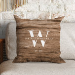 Modern Rustic Monogram Family Name Vintage Wood Throw Pillow<br><div class="desc">This modern, rustic throw pillow features your family monogram and name over a printed medium brown wood backdrop in a retro vintage typography design. Customize with your family name and initial and make this your own unique keepsake for the farmhouse style lake house, family cottage, or country cabin - or...</div>