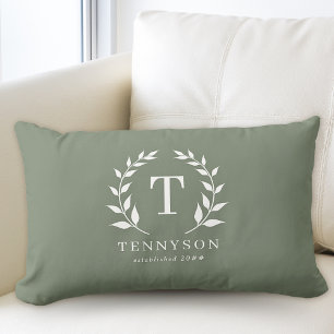Modern Rustic Monogram Wreath Family Name Sage Lumbar Pillow