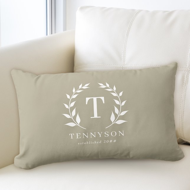 Modern Rustic Monogram Wreath Family Name Sage Lumbar Pillow (Creator Uploaded)