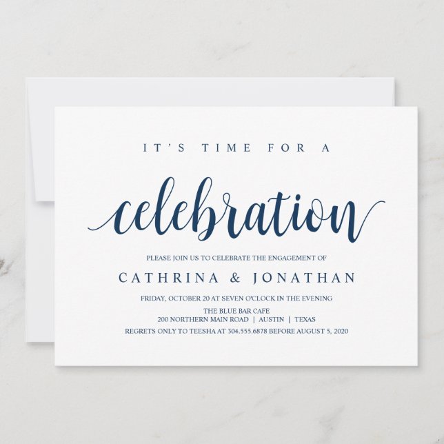 Modern Rustic, Navy Blue script, Engagement Party Invitation (Front)