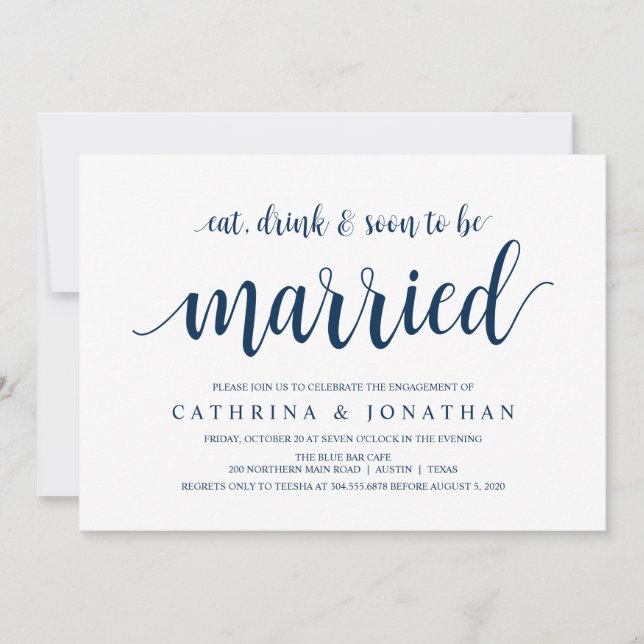 Modern Rustic, Navy Blue script, Engagement Party Invitation (Front)