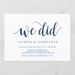 Modern Rustic, Navy Blue script, Wedding Elopement Invitation
