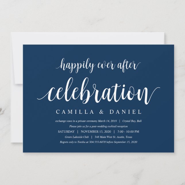 Modern Rustic, Navy Blue Script, Wedding Elopement Invitation (Front)