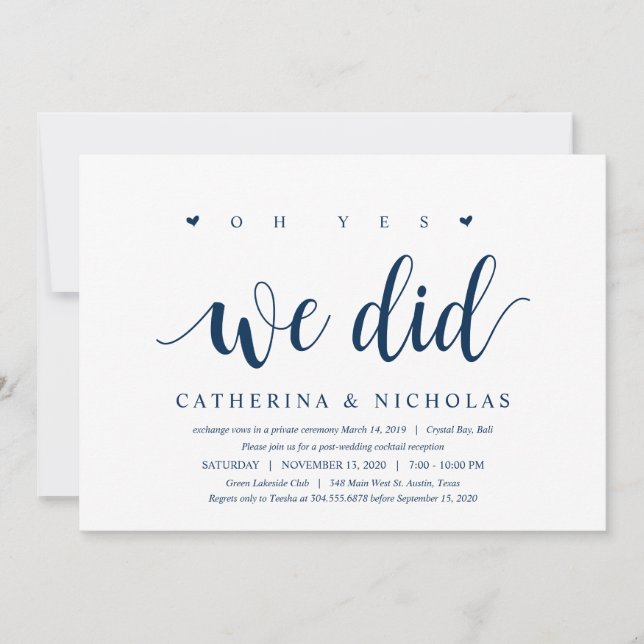Modern Rustic, Navy Blue Script, Wedding Elopement Invitation (Front)