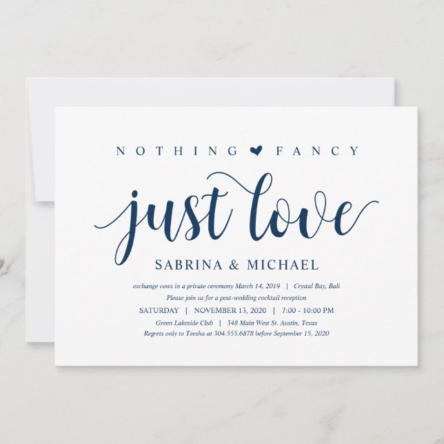 Modern Rustic, Navy Blue Script, Wedding Elopement Invitation (Front)