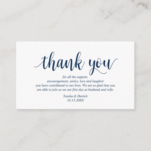 Modern Rustic Navy Blue Script, Wedding Thank you Enclosure Card (Front)