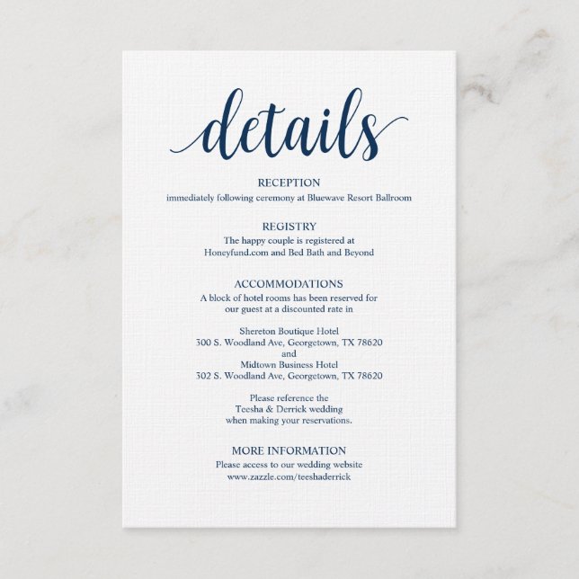 Modern Rustic Navy Wedding Details Enclosure Card (Front)