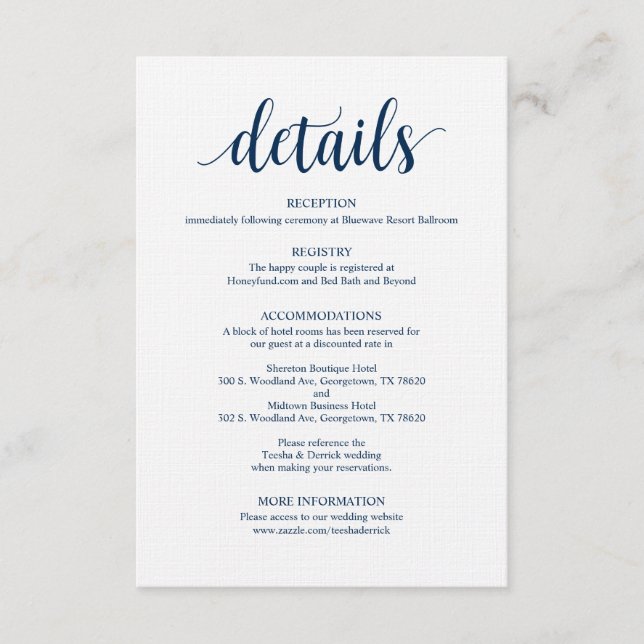 Modern Rustic Navy Wedding Details Enclosure Card (Front)