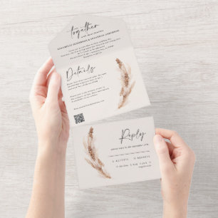 modern rustic pampas eucalyptus wedding QR code All In One Invitation