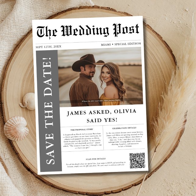 Modern Rustic Photo Wedding Newspaper QR Code Save The Date (Creator Uploaded)