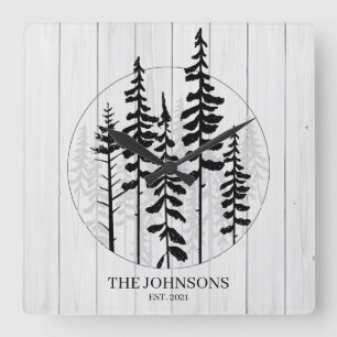 Modern Rustic Pine Tree Farmhouse  Square Wall Clock