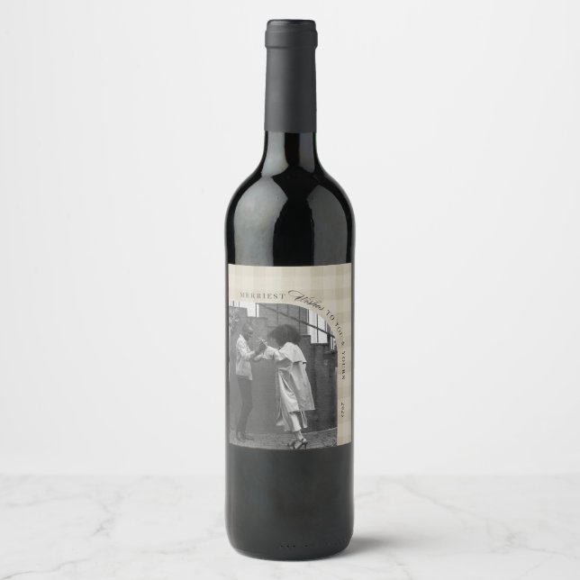 Modern Rustic Plaid Holiday Wine Label Personalize (Front)