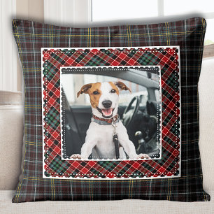 Modern Rustic Plaid Pet Photo Throw Pillow