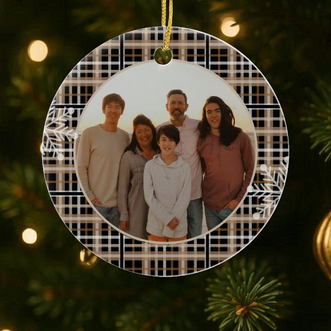 Modern Rustic Plaid Snowflake Photo Ceramic Ornament (Creator Uploaded)