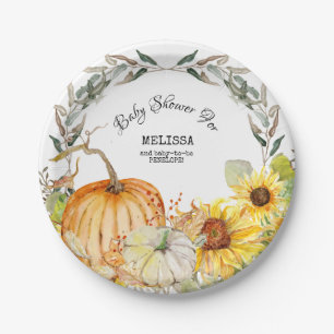 Modern Rustic Pumpkin Leaves Sunflower Baby Shower Paper Plate