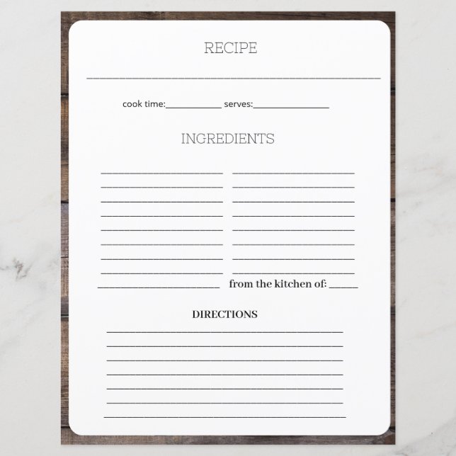 Modern Rustic Recipe Cookbook Lined Sheet Page  (Front)