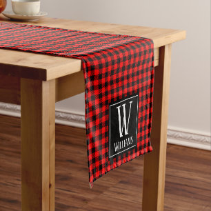 Modern Rustic Red Buffalo Plaid Checkered Monogram Short Table Runner