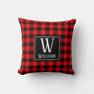 Modern Rustic Red Buffalo Plaid Chequered Monogram Throw Pillow