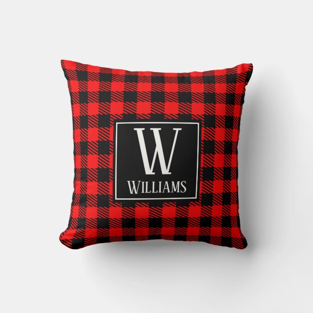 Modern Rustic Red Buffalo Plaid Chequered Monogram Throw Pillow (Front)