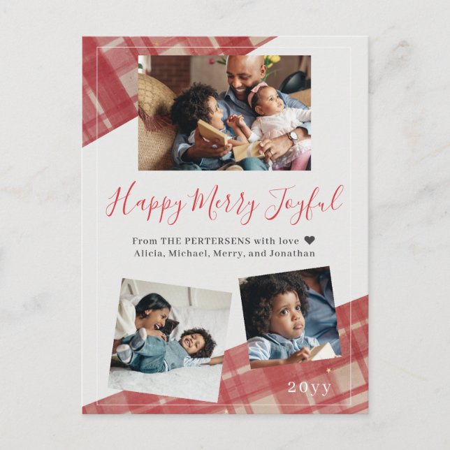 Modern rustic red buffalo plaid family photos holiday postcard (Front)