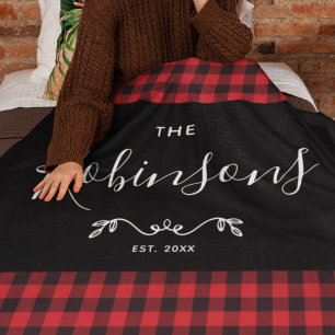 Modern Rustic Red Buffalo Plaid Family Script Fleece Blanket