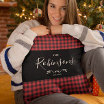 Modern Rustic Red Buffalo Plaid Family Script Throw Pillow<br><div class="desc">Custom family throw pillow with your family name in script calligraphy in this modern rustic red buffalo plaid design.</div>
