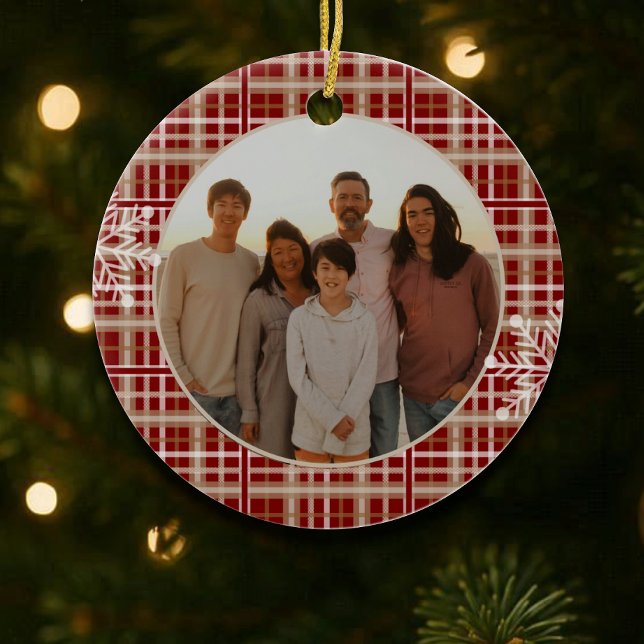 Modern Rustic Red  Tan Plaid Snowflake Photo Ceramic Ornament (Creator Uploaded)