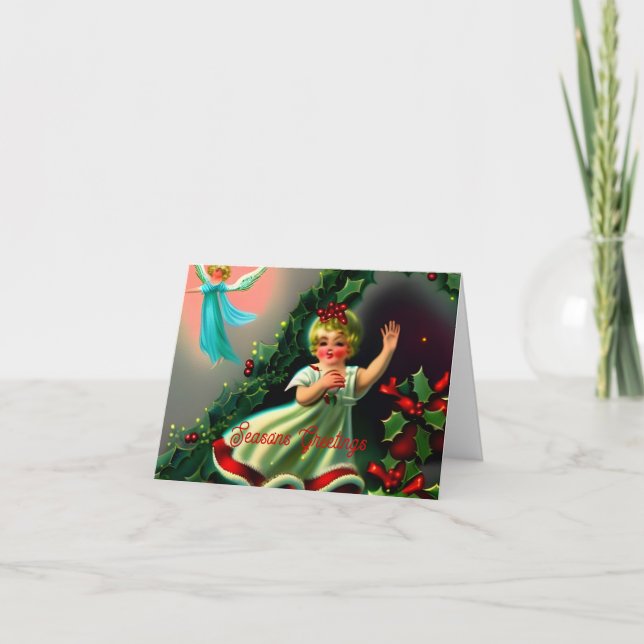 Modern Rustic Religious Cute Angel Christmas  Holiday Card (Front)