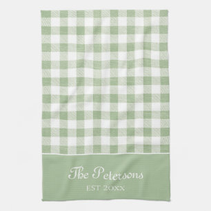 Modern Rustic Sage White Gingham Family Name Kitchen Towel