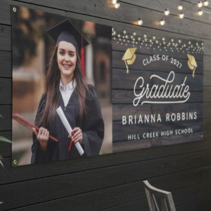 Modern Rustic Script Gold Graduation Photo Wood Banner