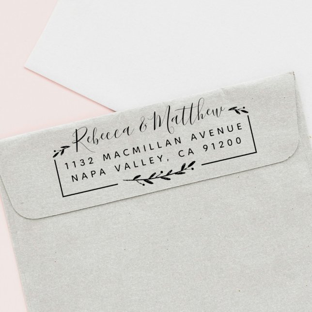 Modern Rustic Script & Leaves Return Address Rubber Stamp (Creator Uploaded)