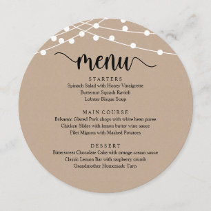 Modern Rustic Script, String Lights Wedding Dinner Menu
