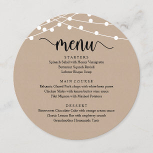 Modern Rustic Script, String Lights Wedding Dinner Menu