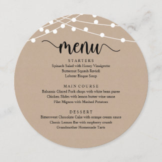 Modern Rustic Script, String Lights Wedding Dinner Menu